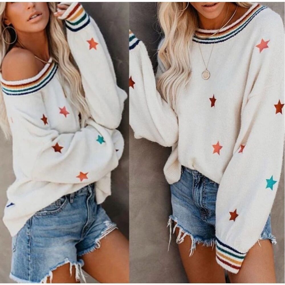 Storia‎ Star Sweater Cream Colorful Striped Embroidered Balloon Sleeve sz Medium